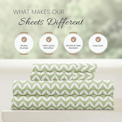 Linen Market Double-Brushed Patterned Microfiber Queen Sheet Set 4 Piece – Oeko-TEX Certified Ultra Soft & Wrinkle-Free - 16" Deep Pocket Sheets - Easy Care Queen Size - Puffed Chevron Sage