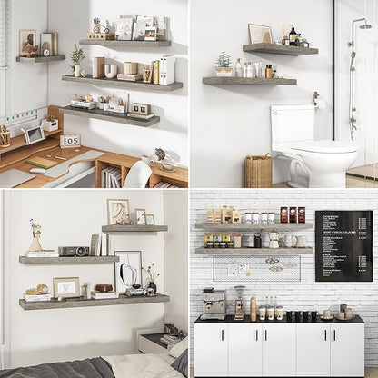 RICHFOCUS 16Inch Floating Shelves for Wall 2 Pack Shelves for Bedroom|Kitchen|Bathroom Wall Mounted Rustic Wood Floating Shelf with Invisible Brackets for Books|Storage|Decor, Grey