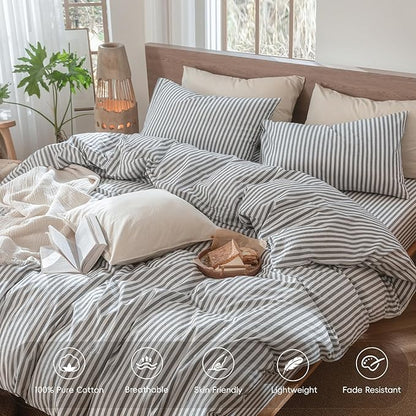 MooMee Striped Duvet Cover Set 100% Washed Cotton Linen Like Textured Breathable Durable Soft Comfy (Dark Grey White Classic Stripes, Oversized Queen 98"x98")