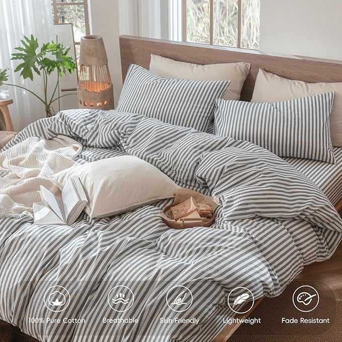 MooMee Striped Duvet Cover Set 100% Washed Cotton Linen Like Textured Breathable Durable Soft Comfy (Dark Grey White Classic Stripes, Oversized King Plus 128"x120")