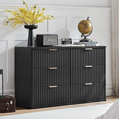 LEYAOYAO Fluted Dresser and 3 Drawers Nightstand Set of 2, Wood 48" Wide Dresser & 23" Night Stand with Charging Station, 3 Piece Bedroom Furniture Set, Chest of Drawers for Home,Living Room,Black