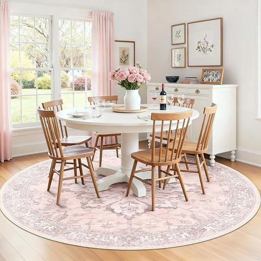 Area Rugs 7ft Washable Non-Slip, Floral Vintage Distress Print Pattern Medallion Carpet for Living Room Bedroom Dining Room, Pink Greypink Cute