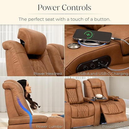 Seatcraft Diamante Zero-Gravity CoolZero Italian Leather Home Theater Seating, Power Headrest, Power Recline, Row of 3 Sofa, Tawny