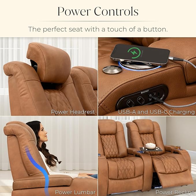 Seatcraft Diamante Zero-Gravity CoolZero Italian Leather Home Theater Seating, Power Headrest, Power Recline, Row of 5 Sofa, Tawny