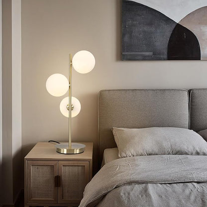 Modern Glass Globe Table Lamp 3 Lights Mid Century Small Gold Desk Lamp Contemporary Minimalist Brass Bedside Table Lamps with White Glass Shade Reading Lamp for Bedroom Office G9 MTL03-W