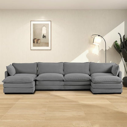 ROWHY 148'' Sectional Cloud Couch with 2 Ottomans, Oversized 4 Seat Sleeper Sofa with 2 Throw Pillows, Convertible Upholstered U Shaped Cozy Sofa Furniture Set for Living Room and Office, Dark Grey