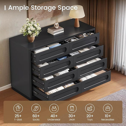 Black Dresser for Bedroom with 8 Drawers, 47.2" Wide Dresser for Closet with Deep Drawer, Large Wood TV Stand, Modern Chest of Drawers for Bedroom, Hallway