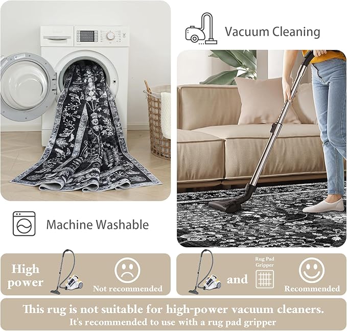 Area Rugs 5x7, Machine Washable Vintage Black Rugs for Living Room Large Carpets Indoor Floor Non Slip Distressed Rug Soft Area Rug for Bedroom Dining Room Home Office | Black