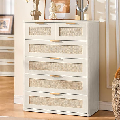 LEYAOYAO White Dresser for Bedroom, 41" Tall Chest of Drawers, Modern 6 Drawers Boho Rattan Dressers with Storage, Dresser Wooden Closet Organizer for Living Room, Hallway