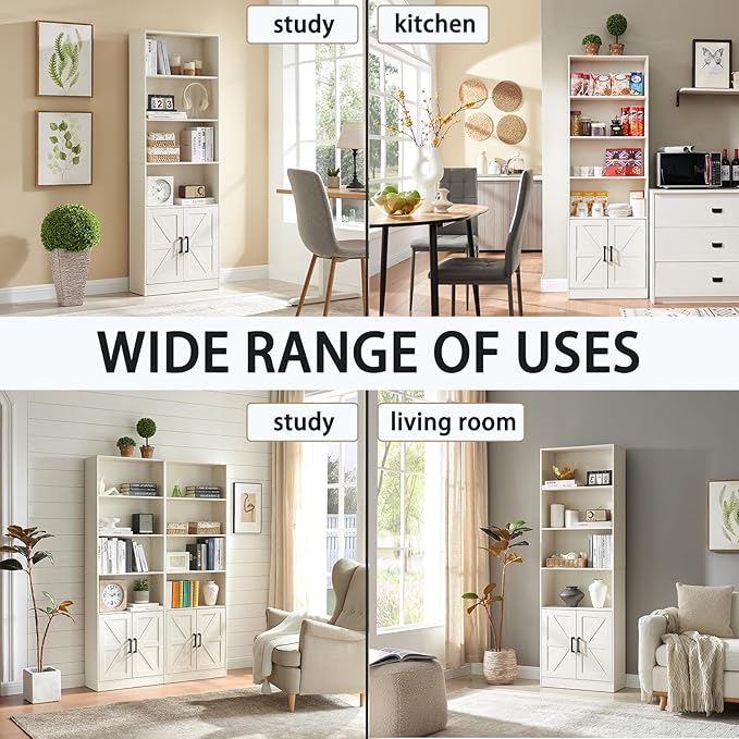 RWYHG 70in Tall Bookshelf 6 Tier Bookcase with Barn Doors and Adjustable Shelf, White Farmhouse Book Shelves with Storage Cabinet