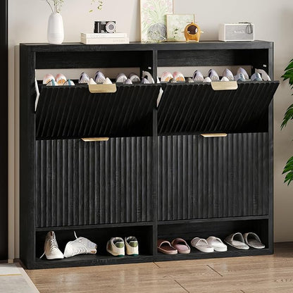 Fluted Shoe Cabinet Storage with 4 Flip Drawers, Narrow Shoe Storage Organizer for Entryway, Hidden Slim Wooden Shoe Rack Cabinet for Front Door Entrance, Hallway, Living Room (4-Drawer, Black)