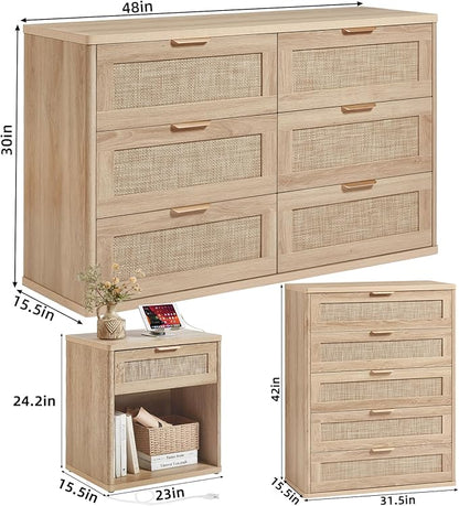 LEYAOYAO Rattan Dresser and Nightstand Set of 3, Boho Wood Dresser for Bedroom with 6 Drawers and Night Stand with Charging Station, Bedroom Furniture, Dressers & Chests of Drawers,Hallway,Living Room