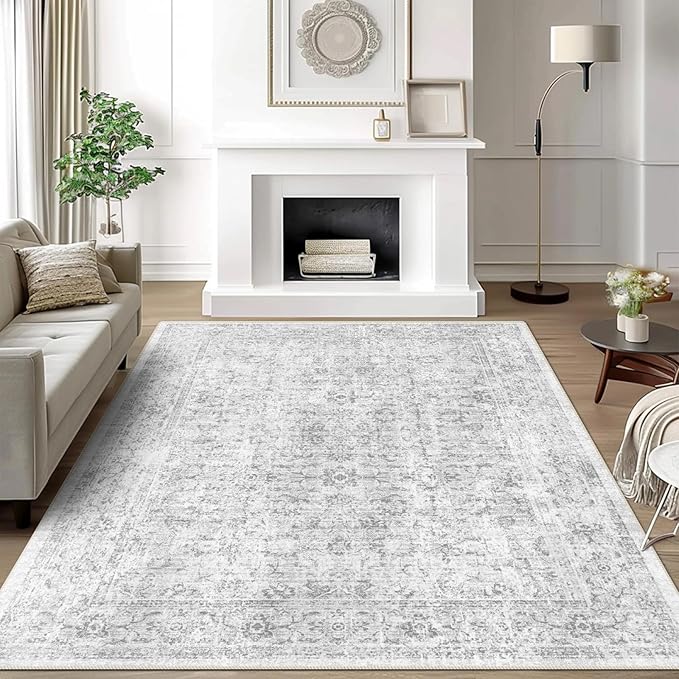 8x10 Area Rugs for Living Room, Non-Slip Backing Washable Rug 8x10, Grey Large Area Rug Soft Carpet for Bedroom Dining Room, Vintage Floral, Easy Clean, Durable, Low Pile Rug Under Table