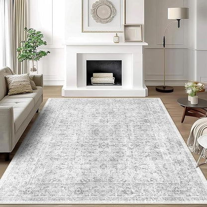 3x5 Rug, Small Area Rug for Living Room, Bedroom, Kitchen, Machine Washable Non-Slip Throw Rug, Vintage Distressed Floral Carpet for Entryway Nursery Dinner Room - Durable (Grey)