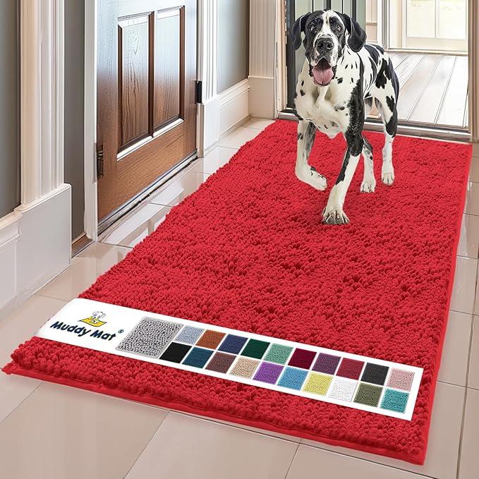 Muddy Mat® | Super Absorbent Door Mat Indoor, Microfiber Quick Dry Chenille Entryway Rug, Non-Slip Front Door Mat, Indoor Mats for Entryway, Machine Washable Pet Rug, Red 36" x 120"