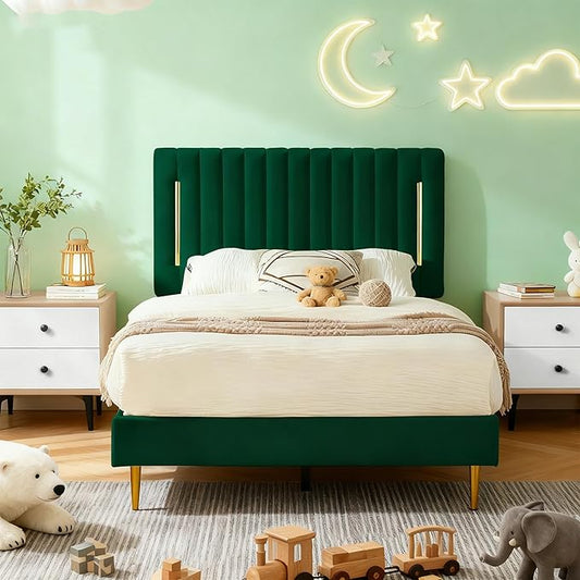 Twin Platform Bed Frame, Velvet Upholstered Bedframe with Vertical Channel Adjustable Headboard, Golden Plating Trim, Mattress Foundation with Wooden Slats, No Box Spring Needed, Green