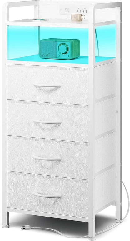Night Stand Bedside Charger Bedroom - Nightstand with Charging Station, 2 U-S-B Ports & 2 AC Outlets, Tall Bed Side Table with LED Light Strip, Storage Shelf & 4 Fabric Drawers, White