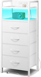 Night Stand Bedside Charger Bedroom - Nightstand with Charging Station, 2 U-S-B Ports & 2 AC Outlets, Tall Bed Side Table with LED Light Strip, Storage Shelf & 4 Fabric Drawers, White