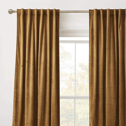 RYB HOME Velvet Curtains 96 inches, Soft Durable Drapes Room Darkening Privacy Window Treatment Farmhouse Decor for Living Room Sliding Glass Door, Golden Brown, W52 x L96 inches, Set of 2