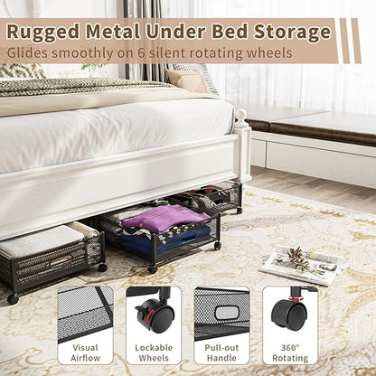 Under Bed Storage on Wheels, Upgraded 31.5 inch Large Rolling Under Bed Storage, Metal Foldable Underbed Drawers Organizer Tool-free Assembly Underbed Shoes Clothes Organize