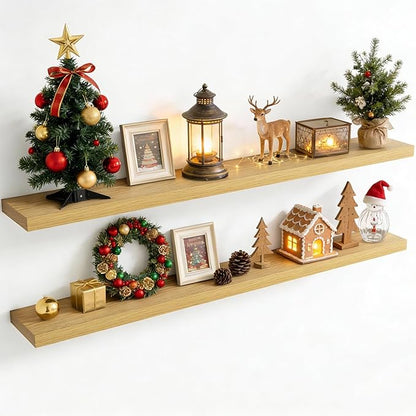 72 Inch Floating Shelves for Wall, 8 Inch Deep Floating Shelf for Storage & Display, Rustic Wall Mounted Shelf with Invisible Brackets for Living Room, Kitchen, Bathroom, Home Decor, Set of 2, Oak