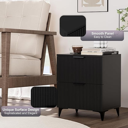 Royal Windsor Small Fluted Nightstand Set of 2 with 2 Drawers, Side End Table, Small Accent Storage Cabinet, Modern Night Stand Bedside Table for Bedroom Full Size Bed, Black