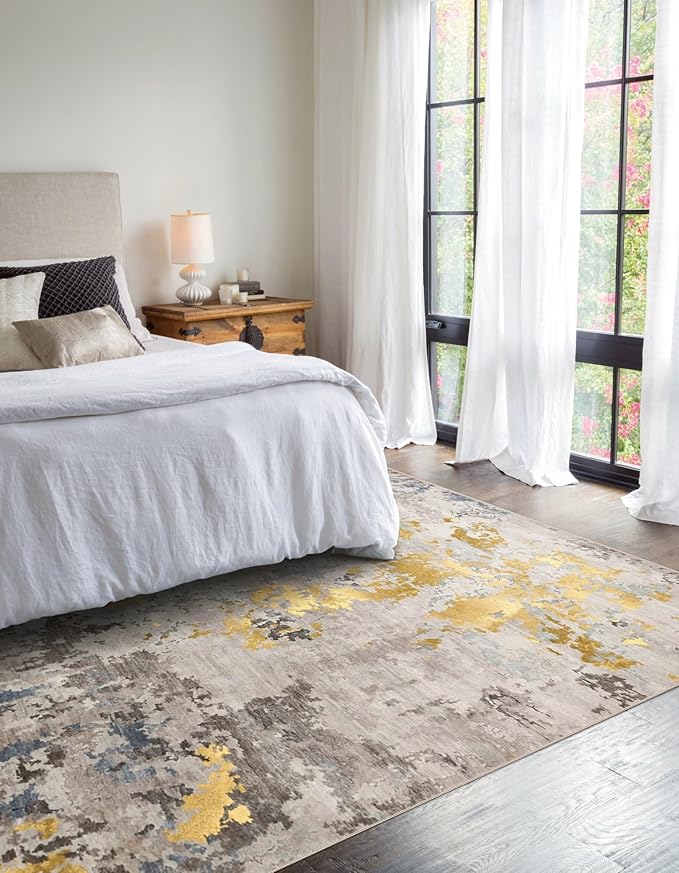 vivorug Washable Rug, Ultra Soft Area Rug 4x6, Non Slip Abstract Small Rug, Stain Resistant Rugs for Living Room Bedroom, Modern Fluffy (Grey/Mustard, 4'x6')