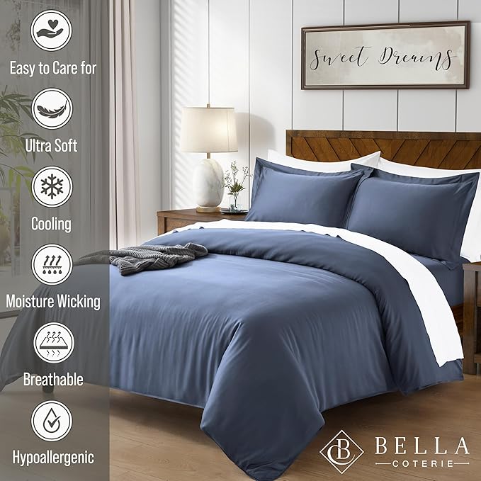 Bella Coterie Luxury Bamboo Viscose California King Size Duvet Cover Set | 100% Organically Grown | Corner Ties | Ultra Soft | Cooling | Two Pillow Shams | 106 x 94 | No Insert [Slate Blue]