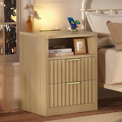 TEENFON Fluted Nightstands Set of 2, Night Stand with Charging Station and LED Light, Storage Drawer and Open Shelf, Modern Bedside Table for Small Space, for Bedroom, Natural