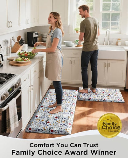 Ophanie Kitchen Mats for Floor, 3/4 inch Thick, 20x39 Anti Fatigue Cushioned Mat, Kitchen Rugs, Waterproof, Comfort Ergonomic Standing Mat for Office, Home, Sink, White Flower Non-Slip Ridged Bottom
