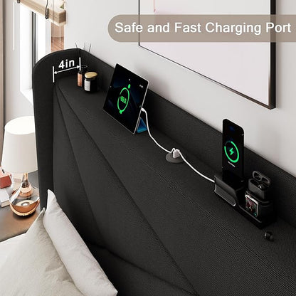 Queen Size Upholstered Bed Frame with Charging Station, Platform Bed Frame with Storage Headboard, Solid Wood Slats Support, No Box Spring Needed, Black
