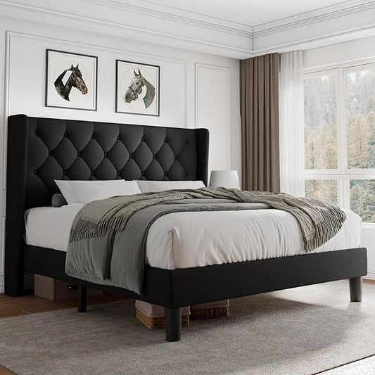 iPormis Queen Size Platform Bed Frame with Button Tufted Headboard, Upholstered Bed Frame with Solid Wooden Slats, 8" Underbed Space, No Box Spring Needed, Noise Free, Easy Assembly, Black
