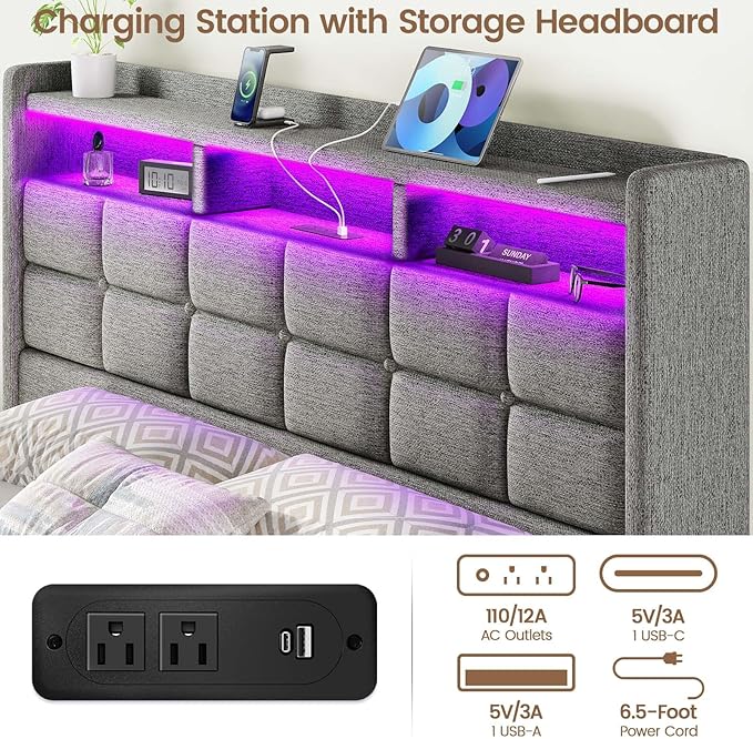 Lift Up Full Size Bed Frame with Storage, Upholstered Full Bed Frame with LED Lights Headboard and Charging Station, No Box Spring Needed, Easy Assembly - Light Grey