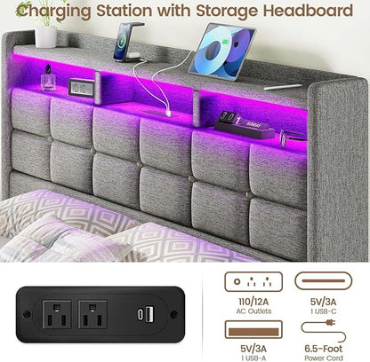 Lift Up Full Size Bed Frame with Storage, Upholstered Full Bed Frame with LED Lights Headboard and Charging Station, No Box Spring Needed, Easy Assembly - Light Grey