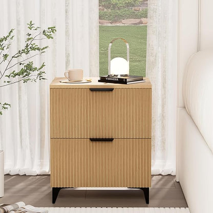 Royal Windsor Small Fluted Nightstand Set of 2 with 2 Drawers, Side End Table, Small Accent Storage Cabinet,Modern Night Stand Bedside Table for Bedroom Full Size Bed,Natural Oak