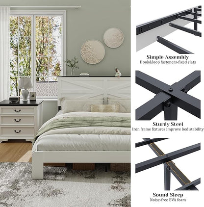 King Size Farmhouse Wooden Bed Frame with Headboard, Boho Platform Bedframe Sturdy Metal Slats Support, Spring Needed, Noisy Free, Easy Assembly (King, White)