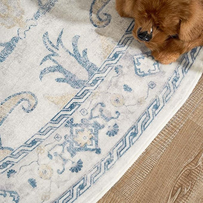 jinchan Round Rug 6ft Area Rug Vintage Floor Mat Kitchen Indoor Ultra-Thin Soft Floral Print Washable Circle 6' Accent for Farmhouse Non Slip Dining Room Living Room Bedroom Office Blue