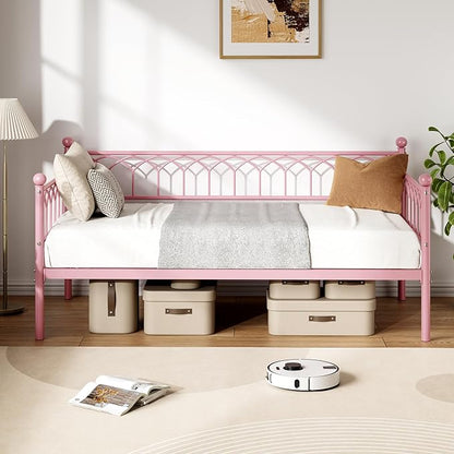 GarveeHome Twin Size Daybed, Sofa Bed Frame with Metal Steel Slat Support, Heavy Duty Metal Bed Frame, Space Saving, Easy Assembly, for Small Spaces, Living Room, Bedroom, Apartment, Pink