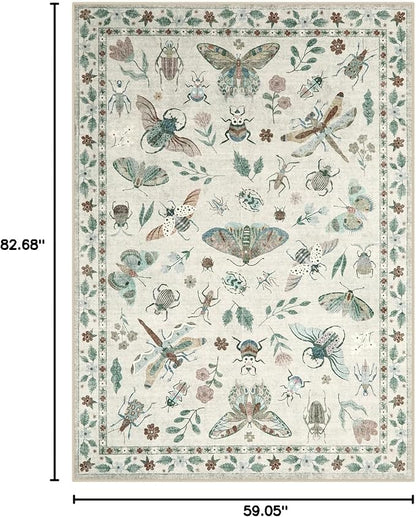 Lahome Insect Print Washable Area Rugs 5x7, Soft Rugs for Living Room Ultra-Thin Non-Shedding Modern Bedroom Rug, Stain Resistant Throw Rug Large Carpet for Dining Room Kids Nursery(5'x7',Beige)