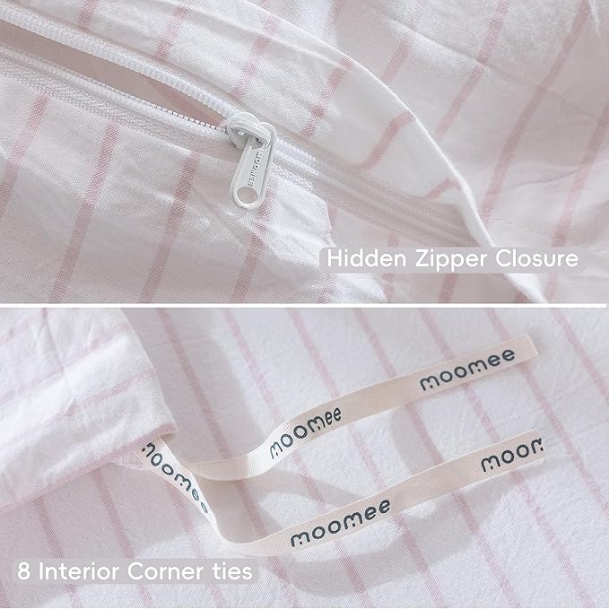 MooMee Striped Duvet Cover Set 100% Washed Cotton Linen Like Textured Breathable Durable Soft Comfy (White Heathered Greyish Pink Wide Stripes, Palatial King/Oversized King 120"x98")