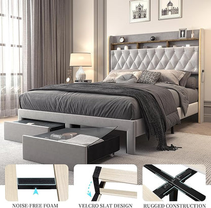 King LED Bed Frame with Storage Drawers, Velvet Upholstered Platform Beds with Galaxy Star Projector Charging Station Speaker, Aurora Bedframe with 2-Tier Storage Headboard, Noise-Free, Grey