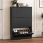 Shoe Cabinet Storage for Entryway with 3 Flip Drawers, Black Fluted Shoe Cabinet with Adjustable Shelves, Wooden Hidden Shoe Rack Freestanding Narrow Slim Shoes Storage for Hallway, Entrance