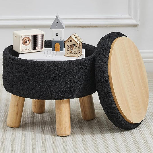 FIMIVIBI Small Foot Stool Ottoman with Storage, Sherpa Ottoman Foot Rest for Couch, Round Footstool with Storage, Small Ottomans and Footstools for Living Room and Entryway (Black)