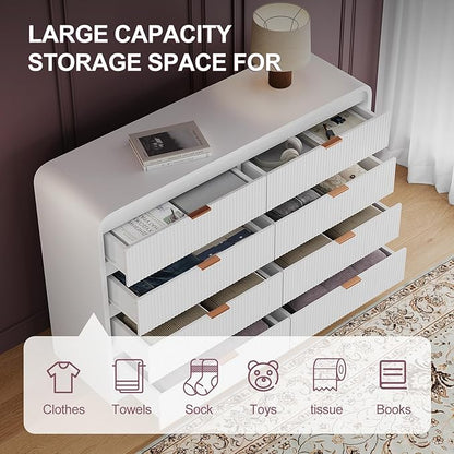 FURSUN Fluted 8 Drawers Dresser for Bedroom, 55" Wide Wooden Dresser with Metal Handle, Curved Profile Design, Modern Storage Organizer for Bedroom, Living Room, Hallway, White