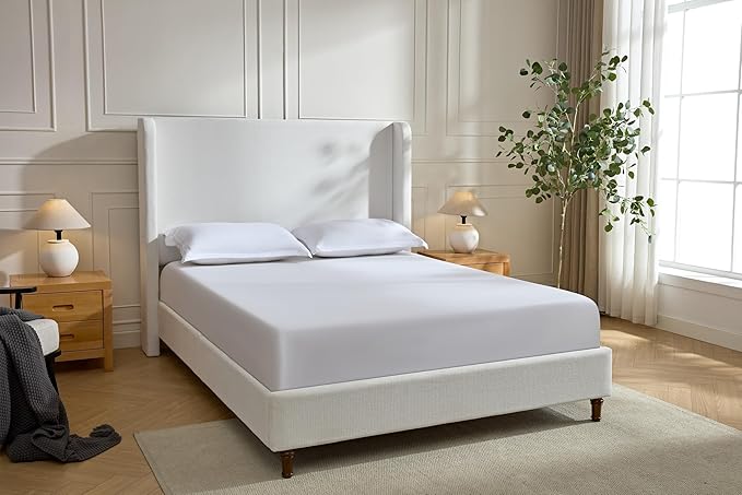 Upholstered Bed Frame with 54'' Nail Head Decorative Wing Back,Hand Buttoned Tufting Headboard Platform Bed Frame with Wooden Slats,No Box Spring Needed (Cream White, Queen)