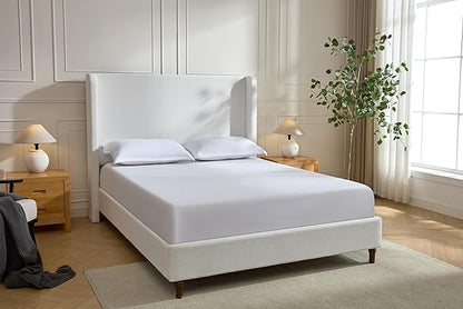 Upholstered Bed Frame with 54'' Nail Head Decorative Wing Back,Hand Buttoned Tufting Headboard Platform Bed Frame with Wooden Slats,No Box Spring Needed (Cream White, Queen)