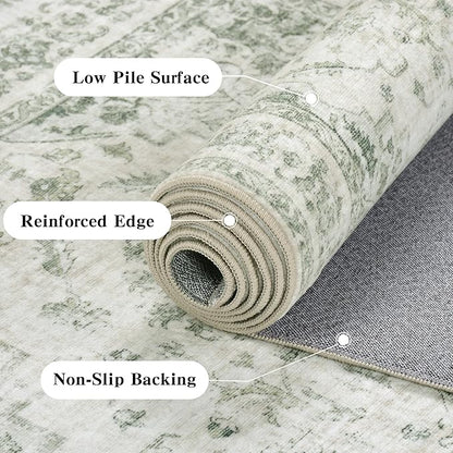 9x12 Vintage Washable Area Rugs Boho Medallion Large Distressed Retro Accent Carpet Floral Non-Slip Soft Low Pile Indoor Throw Rug for Living Room Bedroom Dining Room Office Kitchen, Green