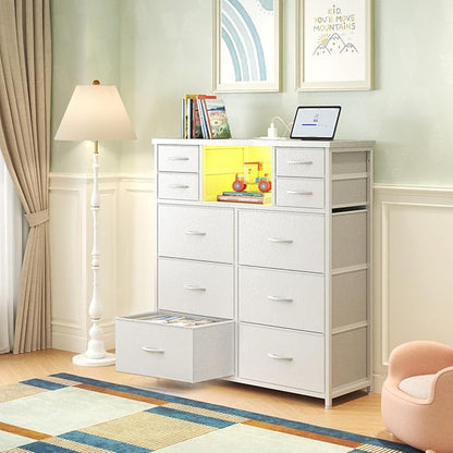 White Dresser for Bedroom with 10 Drawers Featuring LED Light and Power Outlet, Fabric Dressers & Chest of Drawers with Open Shelves for Hallway, Living Room, Steel Frame,Wood Top