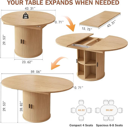 Vipbear Extendable Dining Table 43-59" for 4-6 People, Solid Wood Top with Fluted Slide Door & 8-Compartment Storage, Space Saving Round Dining Room Kitchen Dinner Tables Furniture with Pedestal Base