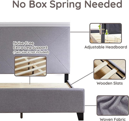 Livinia Stella Queen Size Platform Bed, Fabric Upholstered Queen Bed Frame with Height Adjustable Headboard Footboard, Strong Wood Slats, No Box Spring Needed, Gray (Queen)